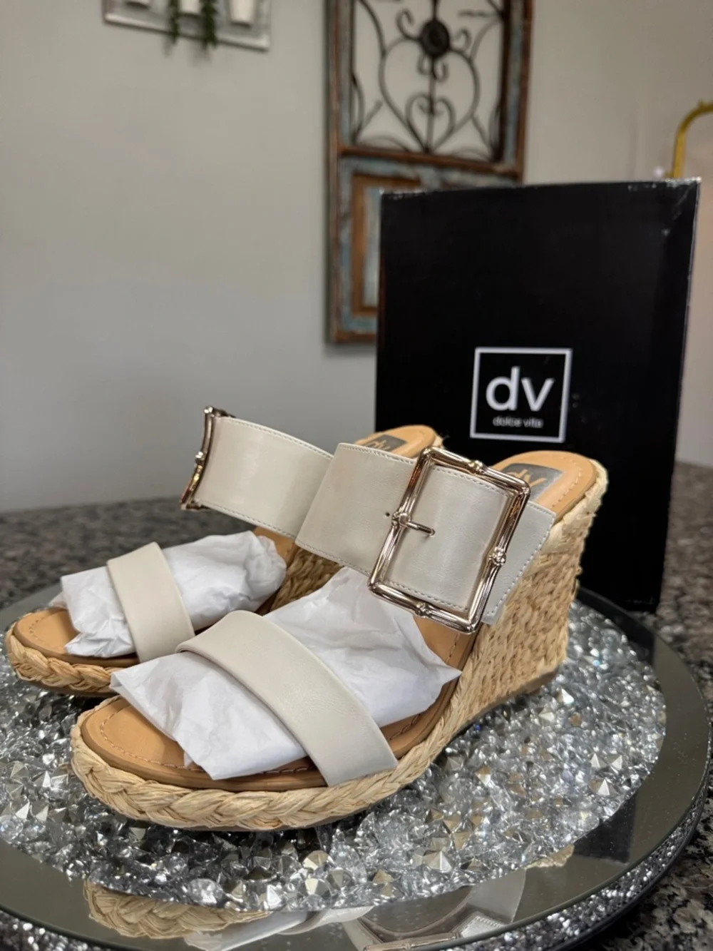 Dolce Vita Cream Woven Espadrille Wedge Sandals with Gold Buckle NEW 10